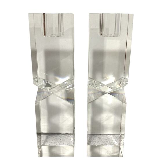 Vintage 1980s Oleg Cassini Lexington Crystal Candlestick Holders Clear Geometric - Picture 1 of 11